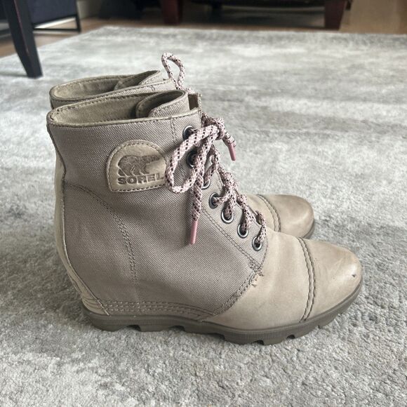 Sorel PDX Wedge Ankle Bootie Womens 10 Leather Boots Gray Brown Joan Of Arctic - Picture 1 of 12